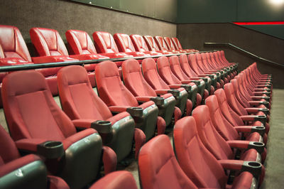 High angle view of empty chairs in stadium