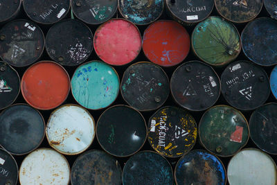 Full frame shot of stacked oil drums
