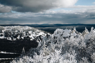 Panoramic view of snow covered landscape against sky