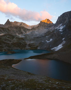 Scenic view of lake by mountains against sky
