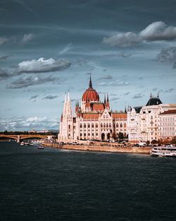 View of buildings by sea against cloudy sky