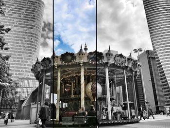 Low angle view of buildings in city against sky