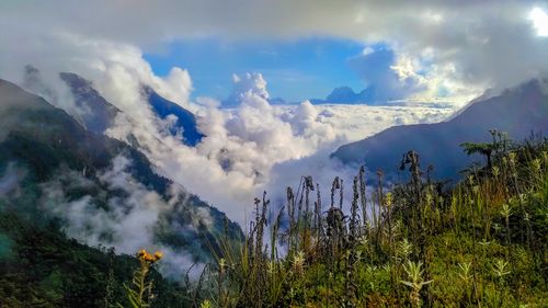 Panoramic view of volcanic mountain against sky