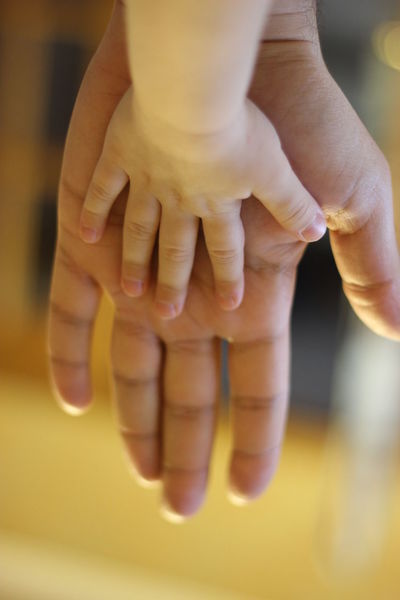 Cropped image of father and child high-fiving at home