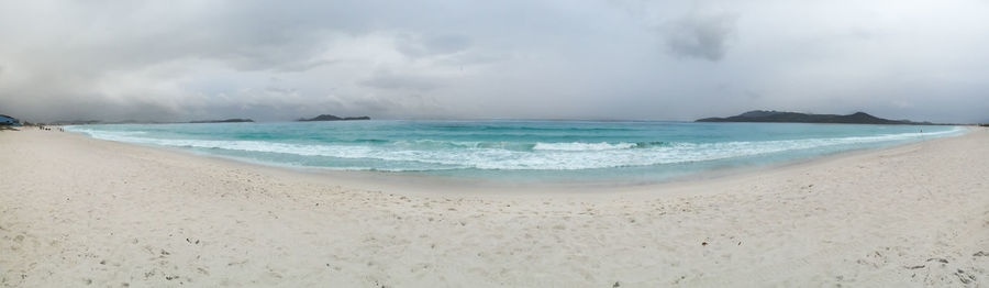 Scenic view of beach against cloudy sky