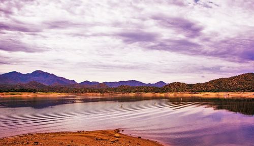 Scenic view of lake against cloudy sky