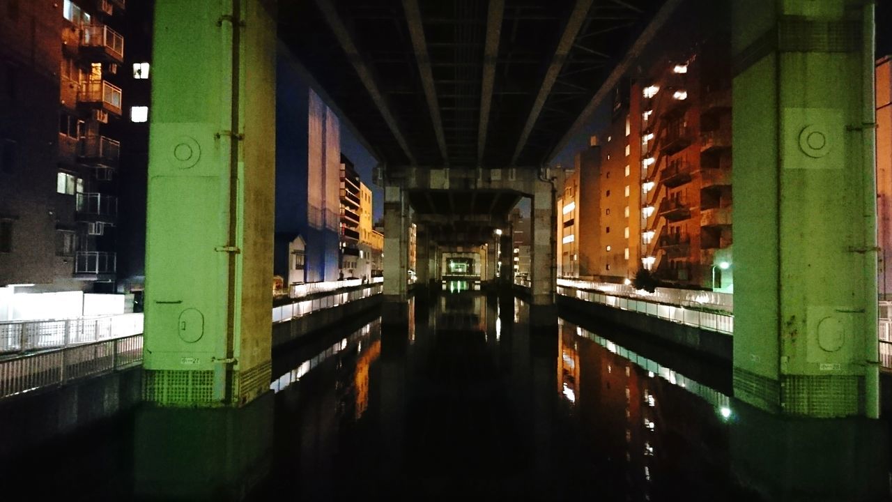 architecture, built structure, illuminated, reflection, water, bridge - man made structure, connection, waterfront, night, indoors, no people, building exterior