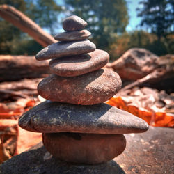 Close-up of stone stack on rock