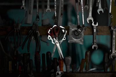 Close-up of clothes hanging on wall