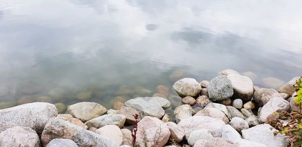 High angle view of stones in lake