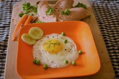 High angle view of breakfast served on table