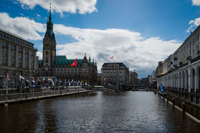 Bridge over elbe river with buildings in background