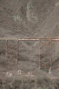 Old railway bridge over cemetery against andes mountain