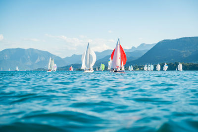 Sailboats on beautiful lake attersee in austria.