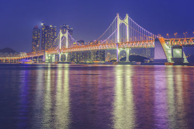 Illuminated bridge over river at night