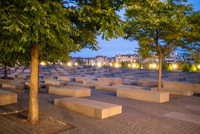 View of swimming pool at night