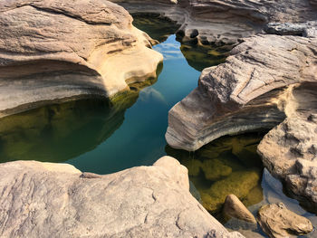 High angle view of rock formation in lake