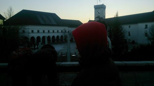 People in front of building