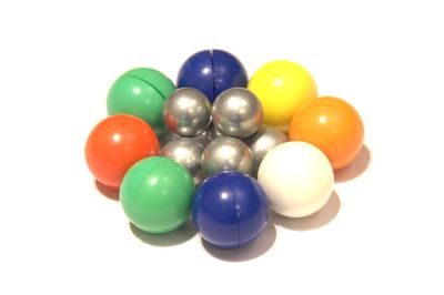 Close-up of multi colored balls against white background