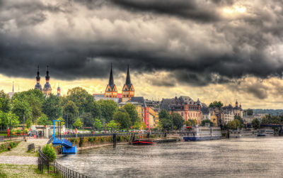 View of buildings by river against cloudy sky