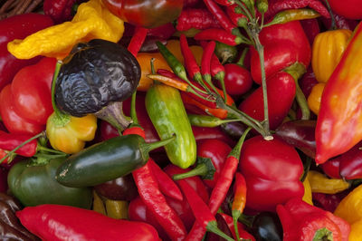 Full frame shot of chili and bell peppers for sale