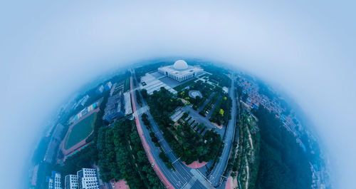 High angle view of buildings against sky