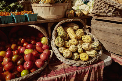 High angle view of fruits in basket at market stall