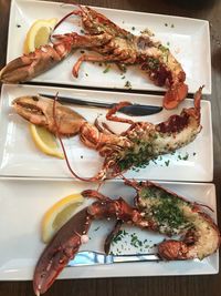 High angle view of food served on table