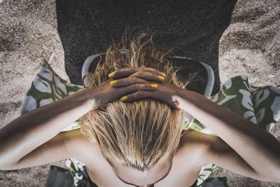 High angle view of woman at beach