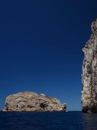 Rock formations by sea against clear blue sky