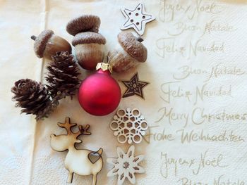 High angle view of christmas decoration on table