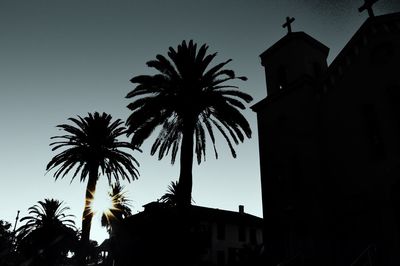 Low angle view of silhouette palm trees against sky