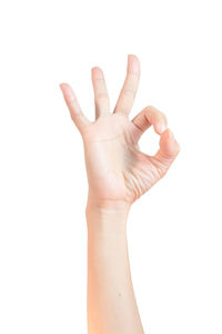 Close-up of human hand against white background