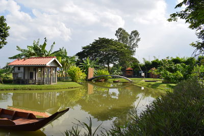 Reflection of trees and buildings in lake