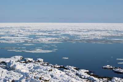 Scenic view of sea against clear sky during winter