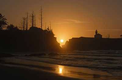 Setting sun reflections on a remote beach on the oregon coast