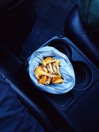 High angle view of food served on table