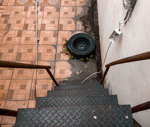 High angle view of tire tracks on floor