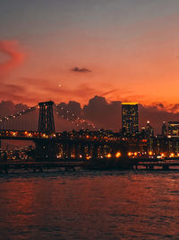 Illuminated city at waterfront during sunset