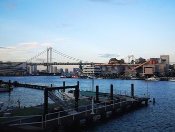 Bridge over river against buildings in city