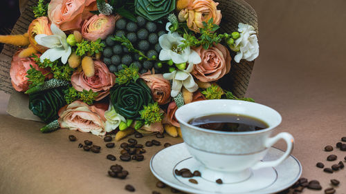 High angle view of roses on table