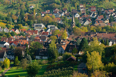 High angle view of townscape and trees in town