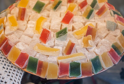 High angle view of dessert on table