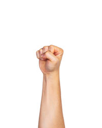 Close-up of human hand over white background