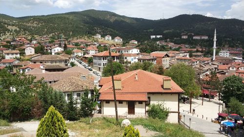 High angle view of townscape against buildings in town