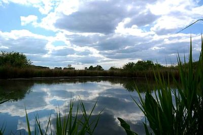 Scenic view of lake against cloudy sky