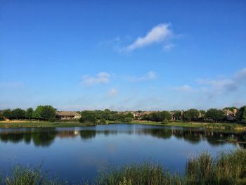 Scenic view of lake against blue sky