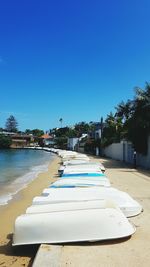 Swimming pool by sea against clear blue sky