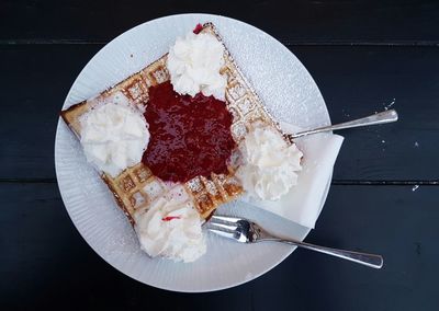 High angle view of cake in plate on table