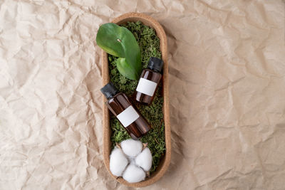 Dropper bottles of serum or oil with vitamin c with blank labels lying on a moss